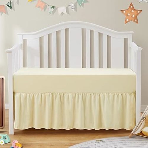 SiinvdaBZX 2-Piece Set Ruffled Crib Skirt & Soft Fitted Crib Sheet, 52"x28" + Adjustable Elastic 14" Drop, Fit for Baby Standard Crib & Nursery Toddler Bedding (Ivory)