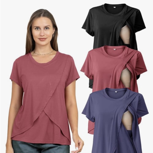 Rnxrbb 3 Pack Women's Nursing Tops for Breastfeeding Summer Short Sleeve T Shirts Postpartum Double Layer Clothes