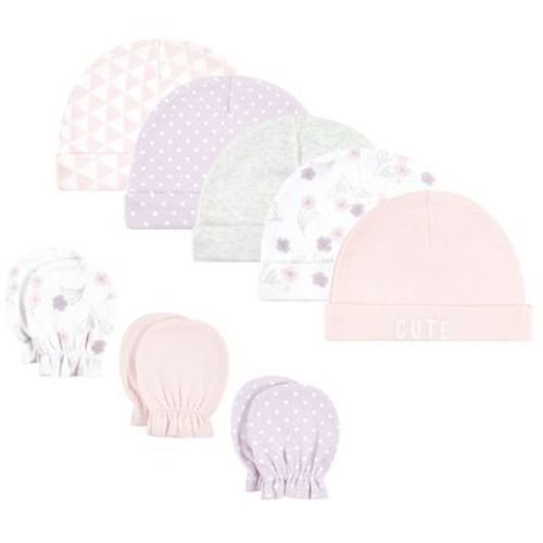 Hudson Baby Infant Girl Cotton Cap And Scratch Mitten Set, Lavender Floral, 0-6 Months