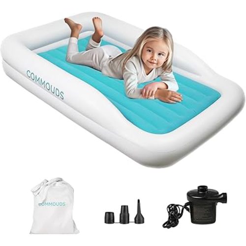 COMMOUDS Portable Toddler Travel Bed with Safety Bumpers, Inflatable Kids Air Mattress with Electric Pump, Baby Blow up Mattress, for Grandma's Home Camping Vacation