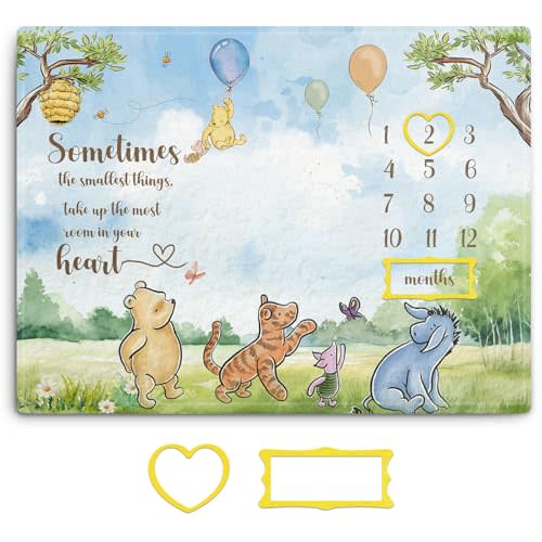 Winnie Milestone Blanket for Baby, The Pooh Babies Monthly Blanket, Classic Winnie Baby Growth Blankets with Photo Tools, Winnie Quotes Sometimes The Smallest Things Milestone Blankets