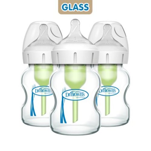 Dr. Brown's Anti-Colic Natural Flow Options+ Wide-Neck Glass Baby Bottles, 5 Ounce, 3 Count