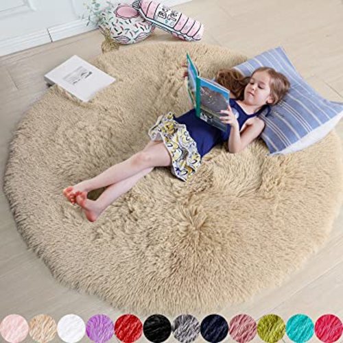 Alfombra redonda esponjosa de pelo largo para dormitorio, 4 x 4 pies, alfombra afelpada mullida para decoración de habitación de niños, adolescentes, estudiantes, habitación del bebé, color beige