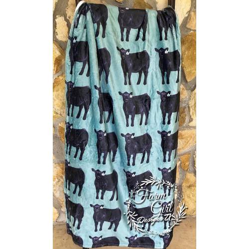 Angus Heifer on Blue Minky Blanket - 50&quot; x 60&quot;