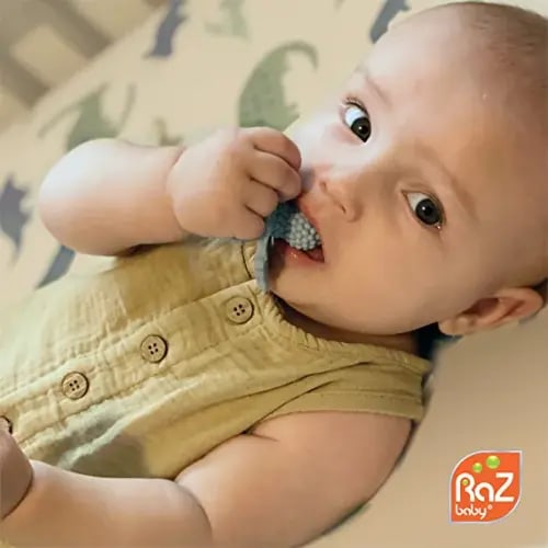 RaZbaby RaZberry Silicone Baby Teether Toy - Berrybumps Soothe Babies Sore Gums - Infant Teething Toy - Hands Free Design - BPA Free - Easy-to-Hold Design - Teething Relief Pacifier - Fruit Shape/Red