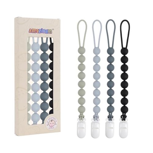 4 Pcs Gray Baby Silicone Teething Pacifier Clip,One-piece Design,Round Shape,Smooth Surface,BPA Free.