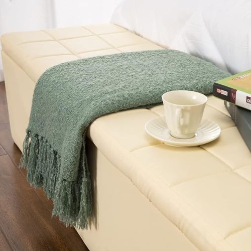 Decorative Fluffy Green Throw Blanket Fringe Lightweight Fuzzy Faux Cashmere Soft Cozy Throws for Sofa Bed Farmhouse 50" x 60" - Stone Green