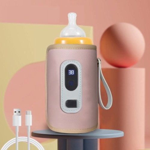 Portable Baby Bottle Warmer, USB Travel Milk Heat Keeper with 5 Levels Temperature Adjustment, for Home Indoor Outdoor Travel,Pink
