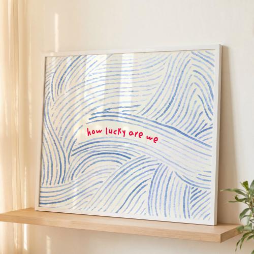 FRAMED How Lucky Are We Quote Print Hand Drawn Wave Line Art Wall Art Blue Poster Coastal Nursery Living Room Bathroom Shelf Decor