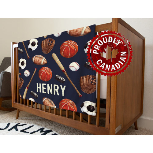 Sports Baby Blanket, Buttery Minky, Navy Personalized Name Blanket
