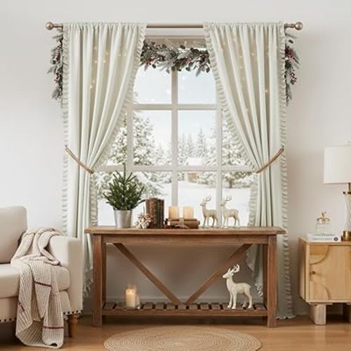 Jubilantex Beige 80% Blackout Christmas Curtains with Ruffle Heavy Solid Thermal Insulated Window Treatment Set Soft Drapes for Bedroom Living Room Light Blocking Rod Pocket Curtain 40Wx95L 2 Panels