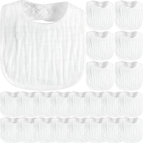 Zhanmai 20 Pack Muslin Baby Bibs Adjustable White Drool Bandana Bibs 6 Absorbent Layers for Newborn Baby Girl Boy Feeding, Drooling and Teething, Machine Washable