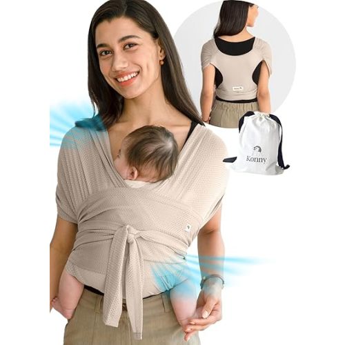 Konny New and Improved Baby Carrier Flex AirMesh Premium Material - Adjustable Summer, Easy to Wear and Wrap Baby Sling, Perfect for Newborn Babies Essentials up to 44 lbs, (M-4XL) - Beige