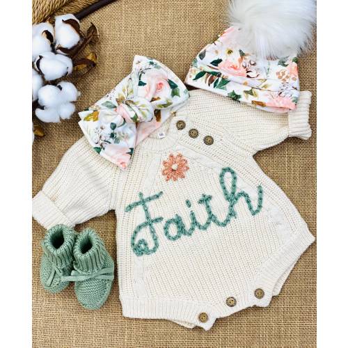 Newborn Girl Coming Home Outfit, Going Home Baby Girl, Embroidered Personalized Sweater Knit Bodysuit, Floral Bubble Romper Bow Hat Booties