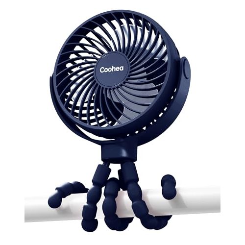 Coohea Stroller Fan Clip on for Baby, 4000mAh Rechargeable Battery Operated, Flexible Tripod, 3 Wind Speed, 360 Rotatable, Small Cooling Portable Fan for Car Seat Crib Golf Cart Treadmill, Navy Blue