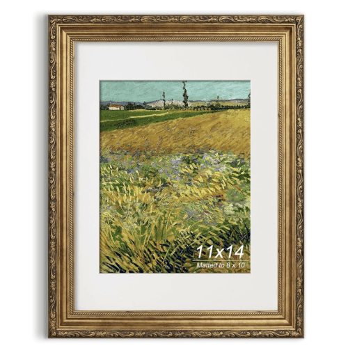 Antique Gold 11x14 Picture Frame, Ornate Embossing Frame with Paper Mat and Real Glass, Fit for 11x14 without Mat or 8x10 with Mat, Wall Mounting Display for Art Prints, 1 Pack