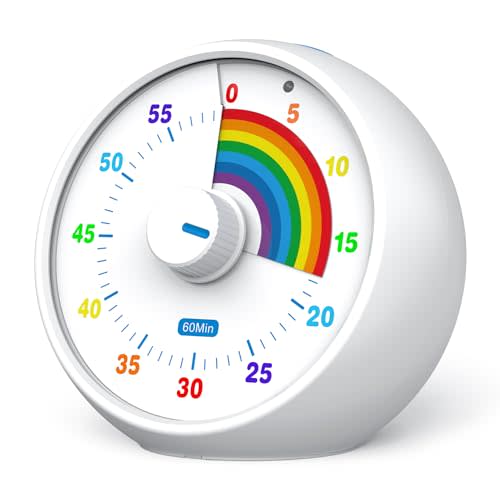 Visual Timer for Kids, 60-Minute Countdown for Classroom Office Kitchen, Desk Timer Kids Time Management Tools with Silent Operation, Pomodoro Timer Rainbow Pattern(White)