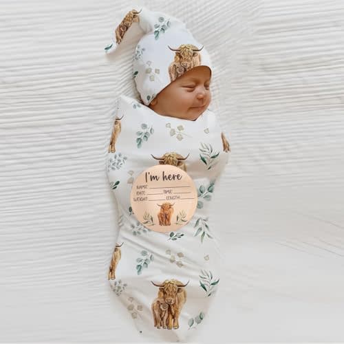 Ylsteed Highland Cow Baby Swaddle Blanket and Headband Set, Newborn Receiving Blanket Swaddle Wrap for Girls and Boys, Swaddling Blanket Neutral for Newborn,Soft and Skin-Friendly (Highland Cow)