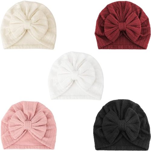 DRESHOW BQUBO 5 Pieces Newborn Baby Turban Hats Bow Baby Infant Beanie Breathable Toddler Cap for Baby Girls