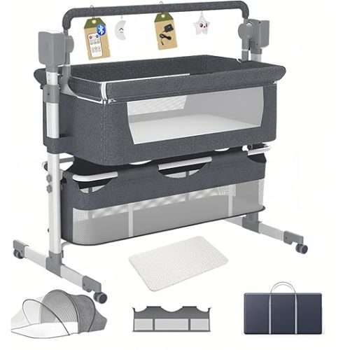 Electric Bluetooth Smart Bassinet for Co-Sleeping, Convertible and Portable Baby Bedside Crib, Foldable Newborn Bedside Bed, Toddler Cradle with Mattress and Remote Control（601 Grey
