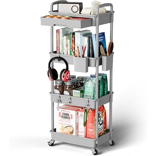 4 Tier Rolling Cart Organizer,Art Craft Diaper Bedside Snack Laundry Room Bathroom Organizer Narrow Thin Slim Rolling Trolley Utility Cart with Wheels for Kitchen,Office(Grey)