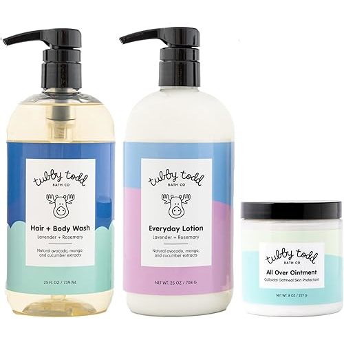TUBBY TODD 3-Step Baby Bath & Skincare Routine - The Regulars Bundle - Baby Shampoo and Body Wash, Everyday Lotion 25 Oz & All Over Ointment 8 Oz - Lavender Rosemary