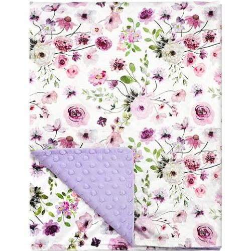 GFU Baby Blanket for Boys and Girls, Soft Minky Infant Receiving Blanket with Dotted Backing Double Layer, Newborn Toddler Bed Blanket with Purple Flowers, 30 x 40 Inch