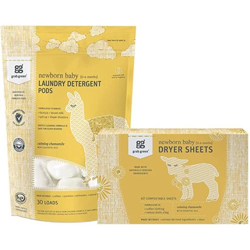 Grab Green Newborn Baby Laundry Detergent Pods and Dryer Sheets Bundle, 30 Count Pods and 40 Dryer Sheets, Calming Chamomile Scent, Plant and Mineral Based Laundry Care Set - Calming Chamomile (30 Count - 40 Sheets)