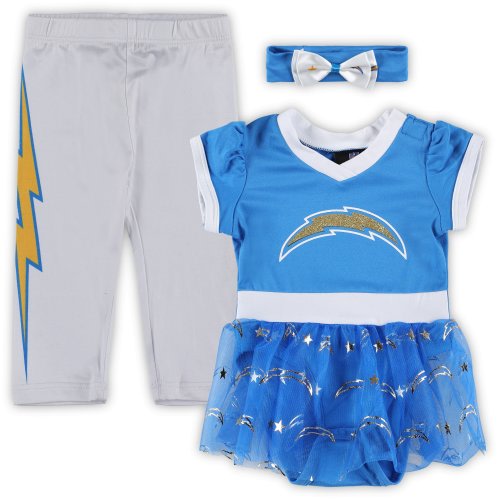 Los Angeles Chargers Girls Infant Tailgate Game Day Bodysuit with Tutu, Headband & Leggings Cheerleader Set - Powder Blue - 6-12 months