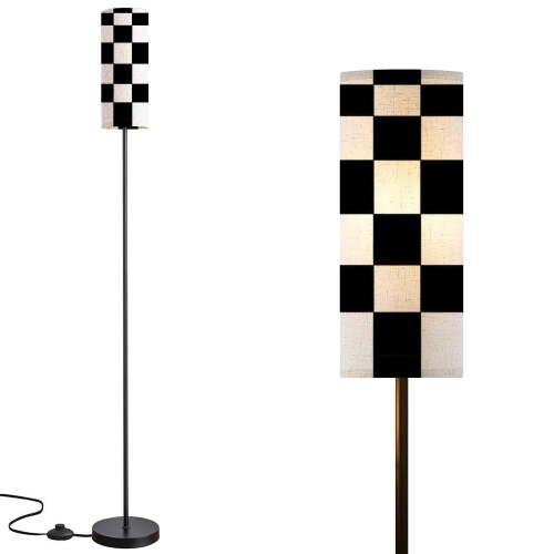 Floor Lamp for Living Room with 3 Color Temperature Style Checkerboard Pattern Black And Modern LED Standing Lamp，Minimalist Tall Lamp with linen lamp shade