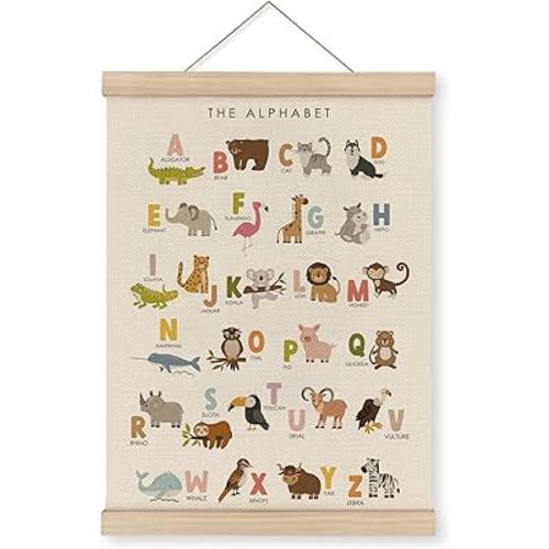 MAQIKA ABC Alphabet Nursery Poster Framed with Wood Hanger,Alphabet Banner, Alphabet Poster for Toddlers, Kids Abc Animal Hanging Wall Decor,Nursery Canvas Wall Art Paints for Nursery Kids 12x16 Inch