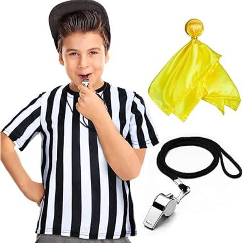 3 Pcs Children's Kids Referee Shirt Costume, Black and White Stripe Umpire Jersey Stainless Steel Whistle with Lanyard Yellow Penalty Flag for Basketball Football Halloween Costume