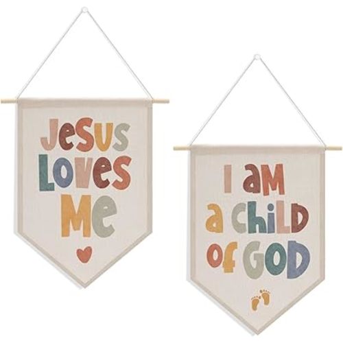 2 PCs Inspirational Bible Verse Boho Toddler Baby Room Nursery Wall Decor Christian Gifts for Boys Girls Kids Wall Hanging Pennant Flag Banner Playroom Bedroom Home Decor Wall Art Christian Decor