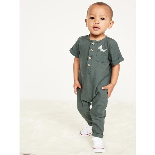 Short-Sleeve Henley Linen-Blend One-Piece for Baby