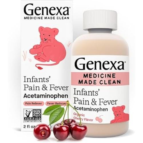 Genexa Infants' Clean Acetaminophen | Pediatrician Preferred Ingredients | Pain Reliever & Fever Reducer for Babies| Dye Free, 0% Artificial Additives | Delicious Organic Cherry Flavor, 2 fl oz