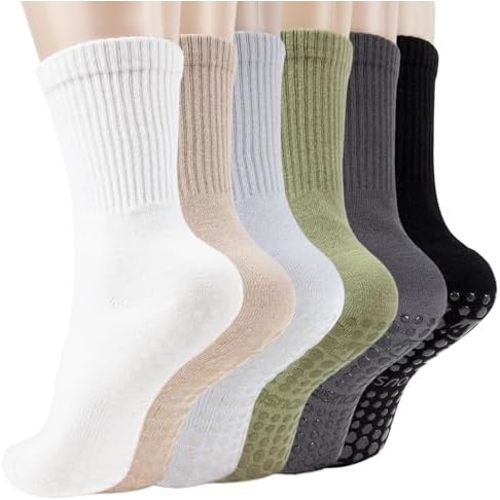 Pilates Yoga Socks with Grips for Women - Crew Length Ballet Barre Socks - Sticky Workout Hospital Socks