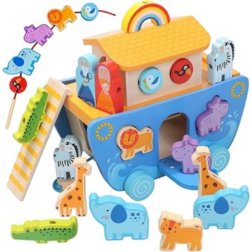 Wooden Noah's Ark Toy with Animal Shape Sorter,Baptism Gifts for 1 2 3 4 Years Old,Montessori Toys for Toddlers,Boys and Girls,24 Months Babies