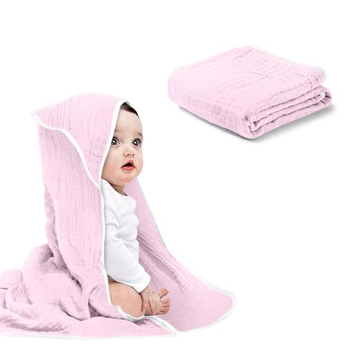 Arnzion Baby Hooded Towels for Babies and Toddlers, Muslin Baby Bath Towel Soft and Absorbency for Baby Girls (Pink 1 Pack)