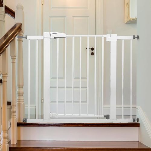 Babelio Metal Baby Gate, 29-43'' Auto Close Easy Install Pet Gate, Extra Wide Walk Thru Child Safety Gate, 30'' Tall Pressure Mounted Dog Gate for Doorways & Stairs, White