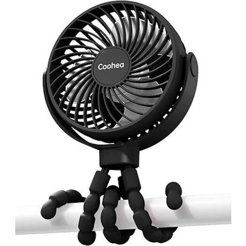 Stroller Fan Clip on for Baby, 4000mAh Rechargeable Battery Operated, Flexible Tripod, 3 Wind Speed, 360° Rotatable, Small Cooling Portable Fan for Car Seat Crib Golf Cart Bike Treadmill, Black