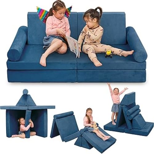 Play Couch Sofa for Kids Medium Size, Modular Kids Play Couch, Kids Couch Building Fort for Playroom, Children Convertible Foam Cushion for Boys and Girls (Round Armrest, Navy Blue)