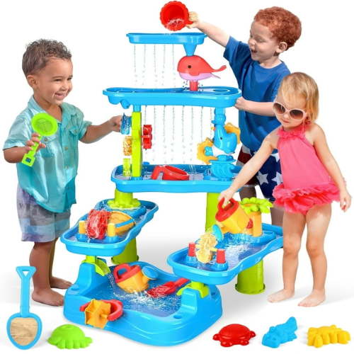 UUSUOO Water Table for Toddlers 1-3,5-Tier Kids Water Table,Rain Showers Splash Pond for Outdoor Beach Backyard Summer,Activity Sensory Sand and Water Table for Toddlers 1-3 3-5 Gift