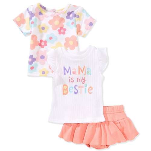 Baby Starters Baby Girls 3-24 Months Flutter-Sleeve Mama Is My Bestie T-Shirt, Short Sleeve Flower-Printed T-Shirt & Skort Set