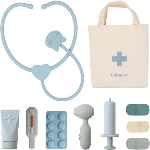 BLUE GINKGO Toddler Doctor Kit - 10-Piece Silicone Toddler Doctor Playset (with Bag) | Durable Toy Medical Kits, Pretend Play for Toddlers 3-5 (Blue)