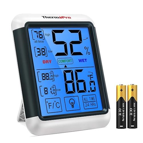 ThermoPro TP55 Digital Indoor Hygrometer Thermometer, 4-Inch Temperature / Humidity Monitor with Touchscreen and Backlit, Indoor Room Thermometer / Humidity Meter for House Home Greenhouse