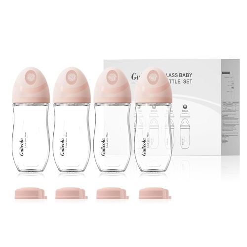 Natural Glass Baby Bottle 8 oz for Breastfed Babies, Anti-Colic Baby Bottle Set with Medium Flow Nipple, 3 Months +, 4 Pack - Pink