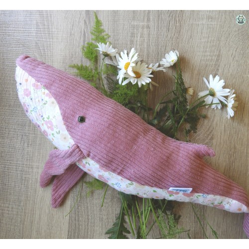 Handmade ocean pink whale with flowers, made of corduroy and cotton with beautiful details
