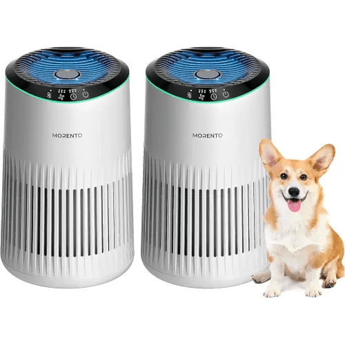 Air Purifiers for Bedroom Home with Sleep Mode for Smoke Pet Dander Odors, Small Air Purifier with Fragrance Sponge, Blue Ambient Light, 23dB Quiet, 2 Pack White