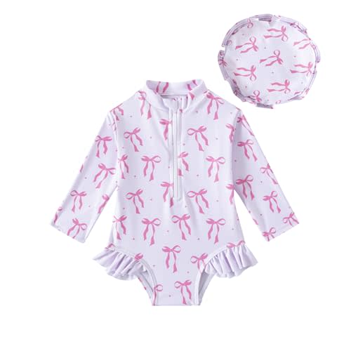 METYOUEZE Baby Girls Long Sleeve One Piece Rash Guard Swimsuit with Hat Bathing Suit Beach Wear 0-2T