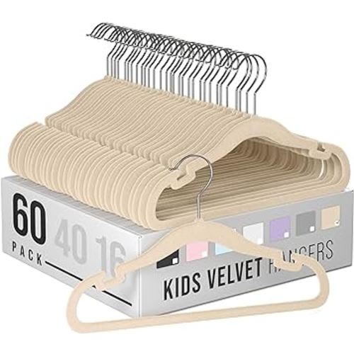 Clothes Baby Hangers for Closets - Unique Notches for Non Slip. Heavy-Duty Velvet Kids & Toddler Hangers for Closet | Ultra Thin Design for Space Saving. Ganchos De Ropa para Bebe (60 Pack Beige)